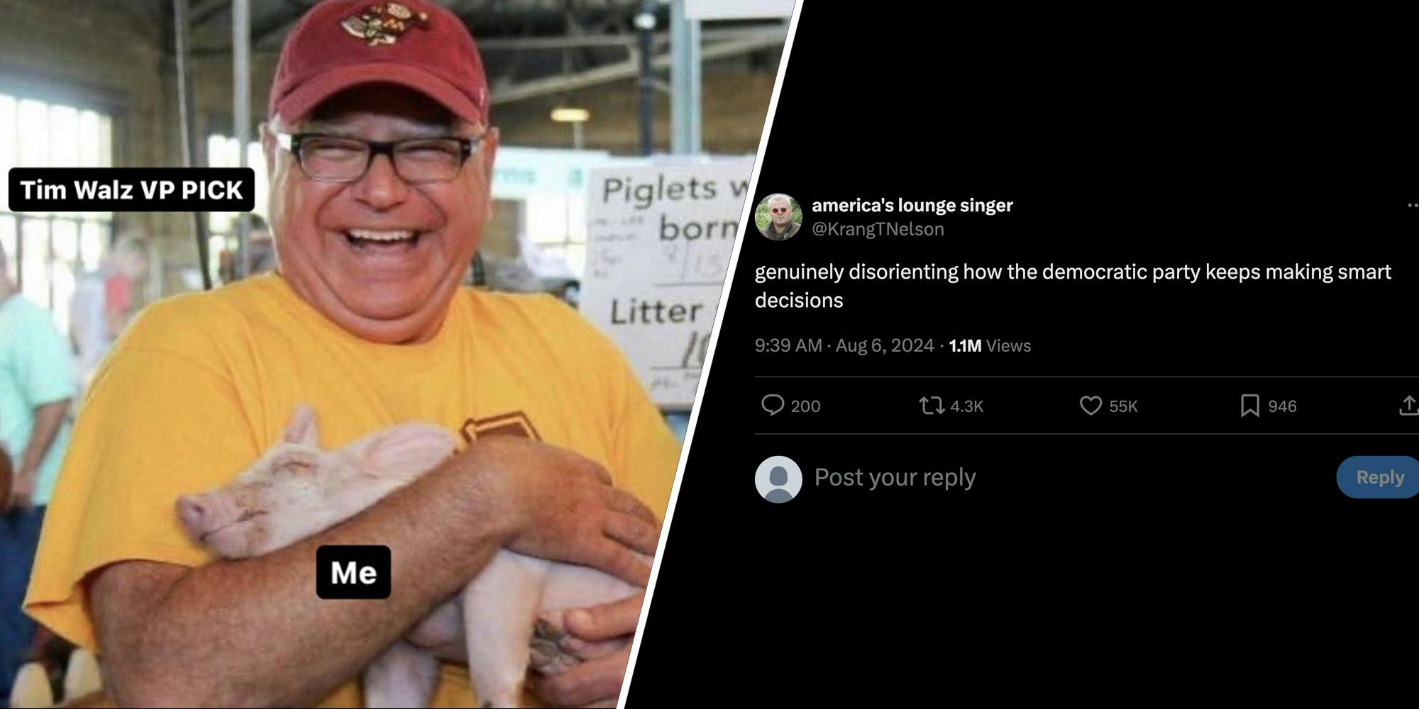 Tim Walz with pig(l), Tweet about smart decisions(r)