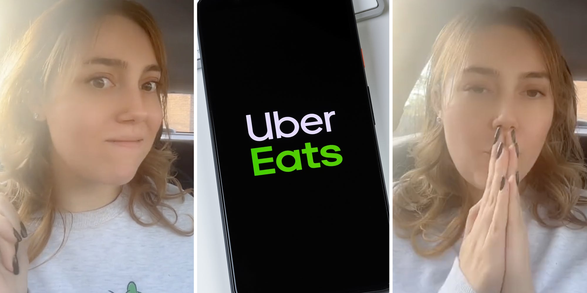 Woman talking(l+r), Phone with Uber Eats app(c)
