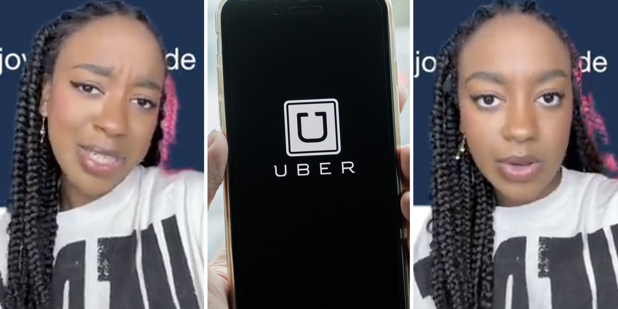 Woman talking(l+r), Hand holding phone with uber app(c)