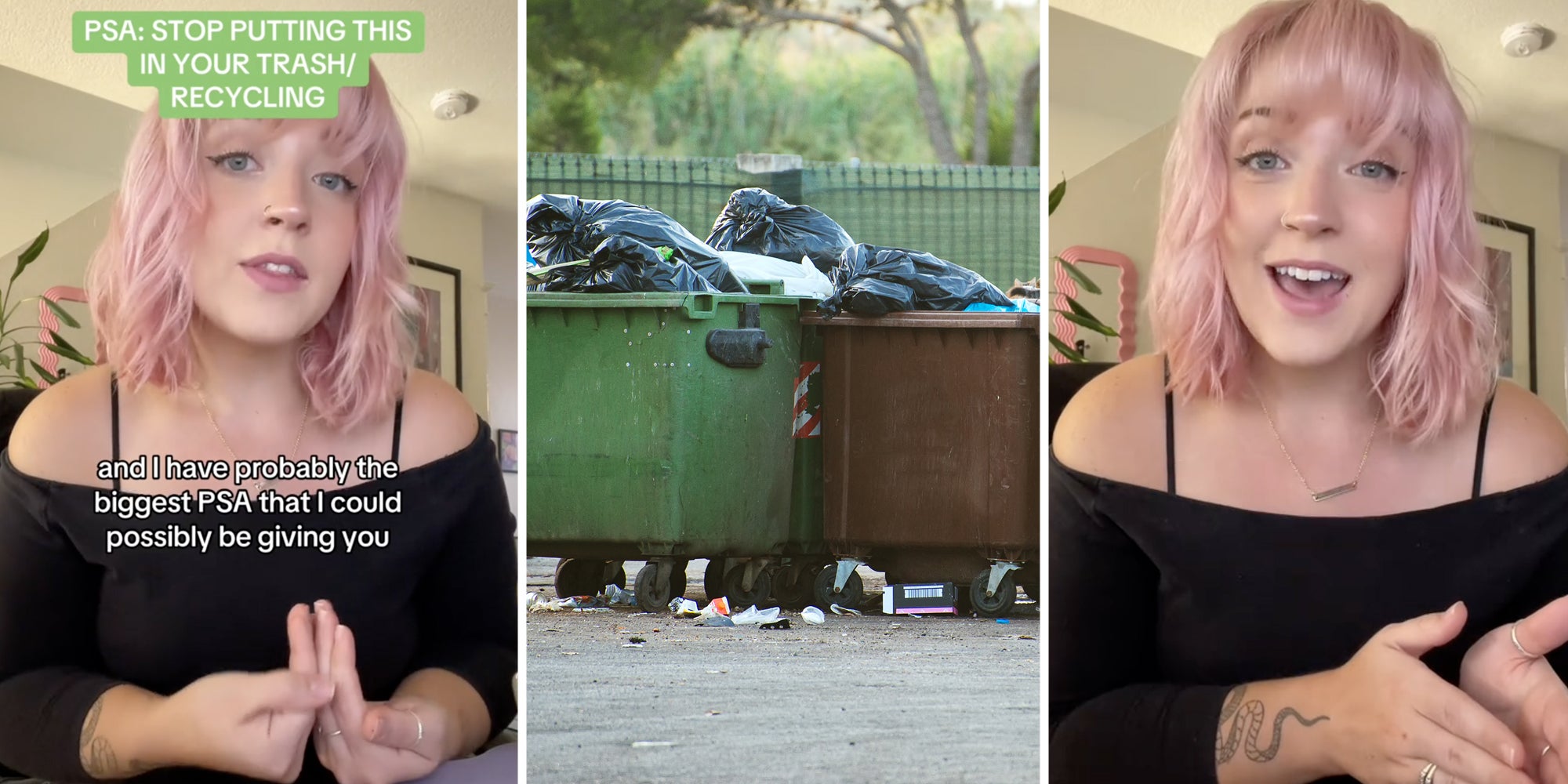 Woman talking(l+r), Dumpsters filled with trash(c)