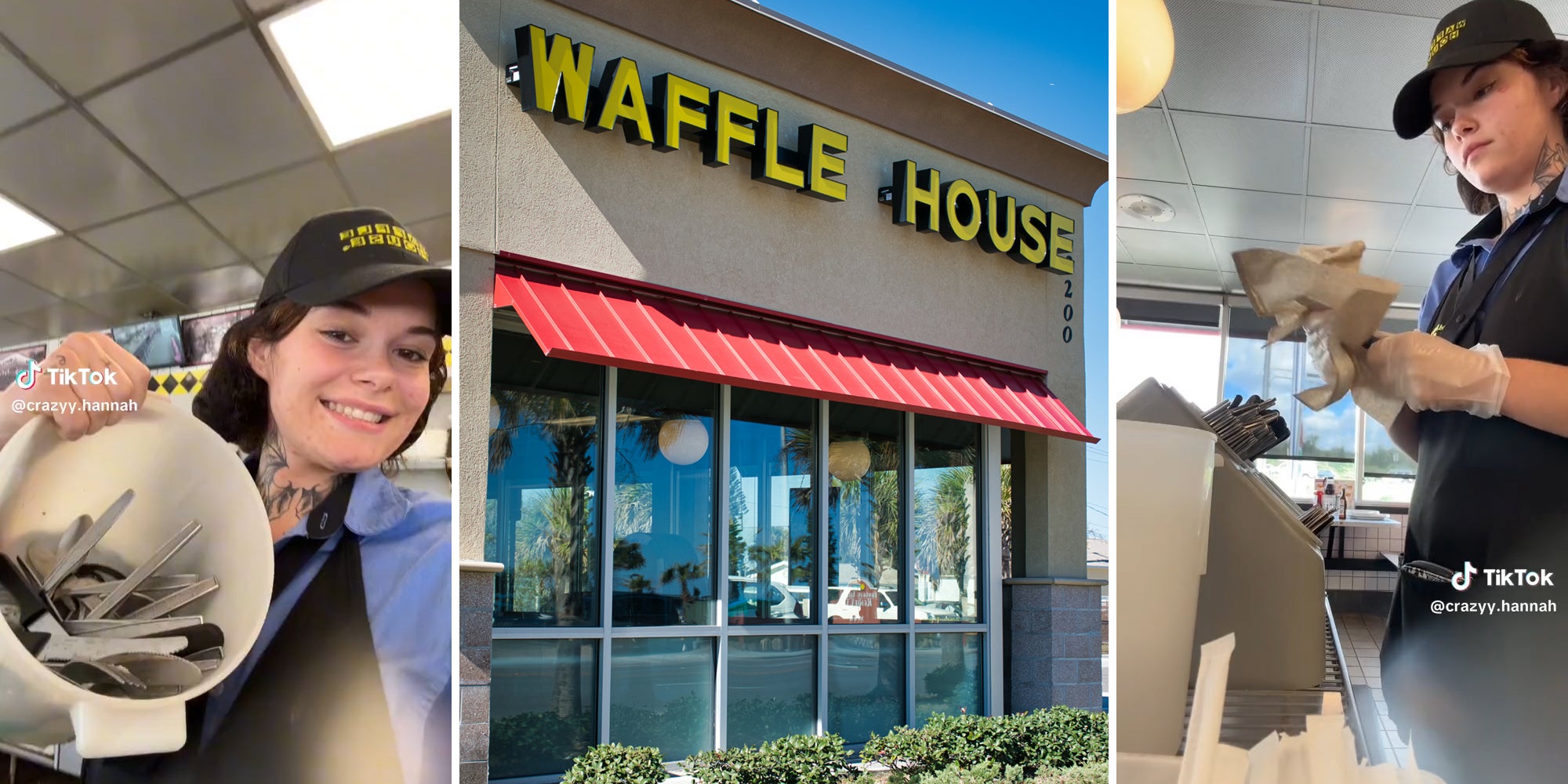 young woman with silverware in bucket (l) Waffle House restaurant (c) young woman wiping down silverware (r)