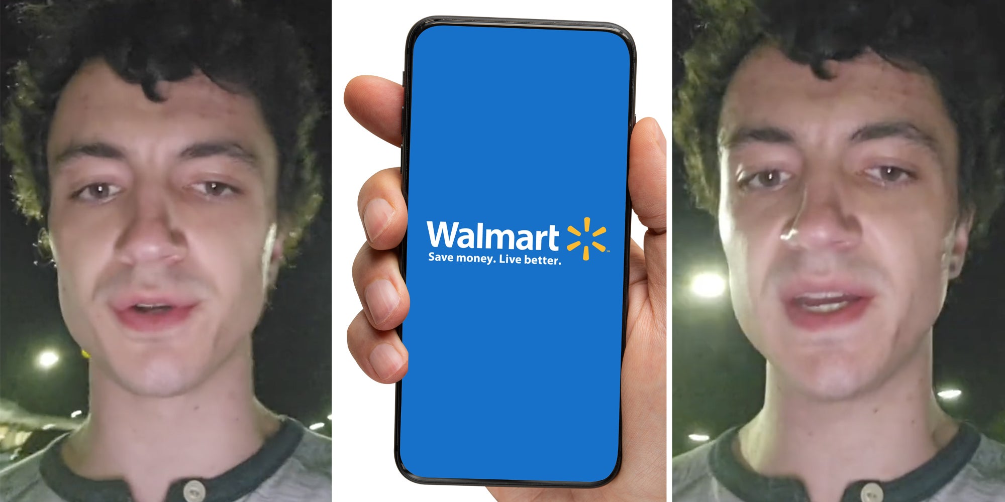 Man talking(l+r), Hand holding phone with walmart app(c)