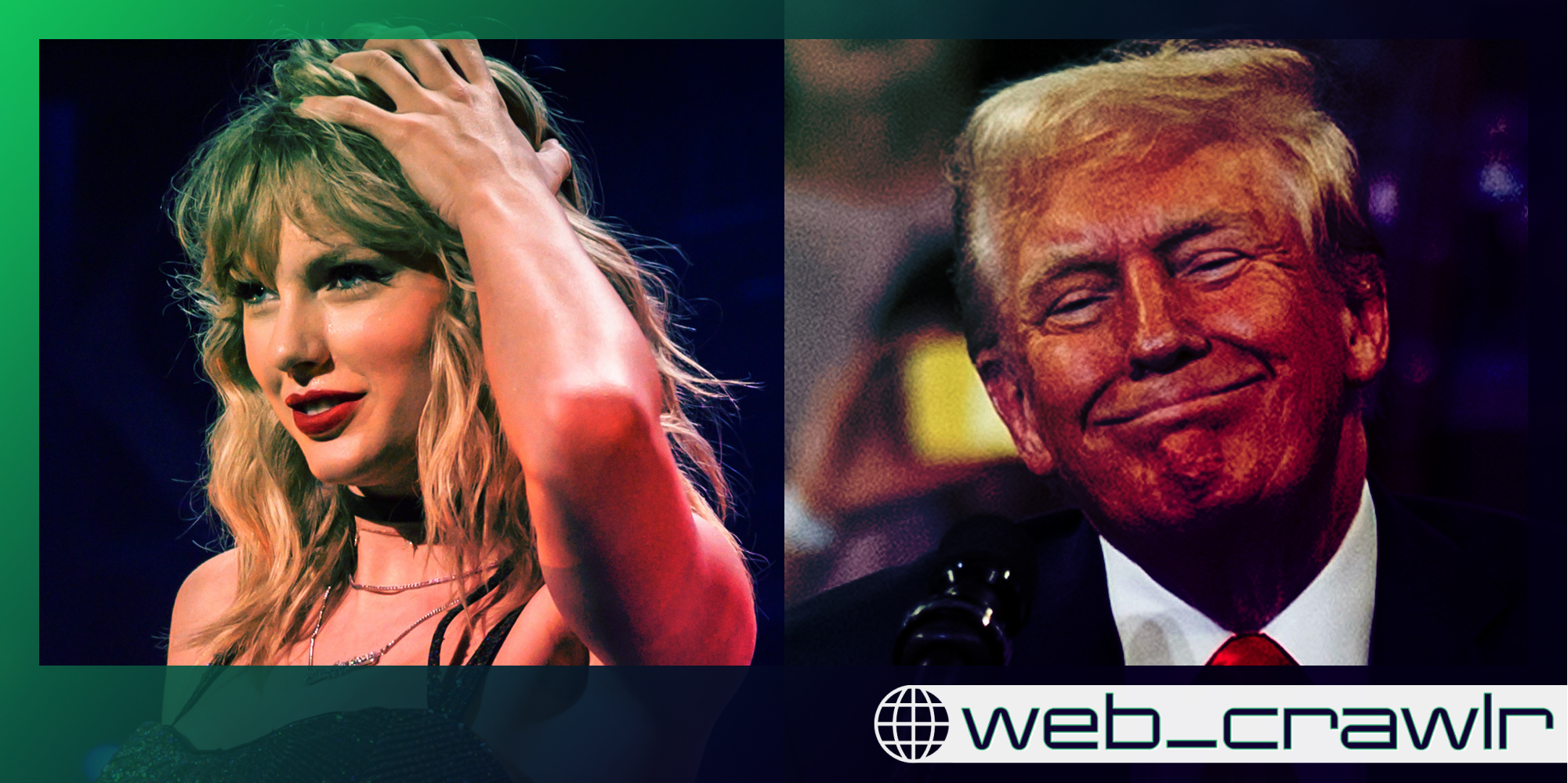 Taylor Swift and Donald Trump. The Daily Dot newsletter web_crawlr logo is in the bottom right corner.