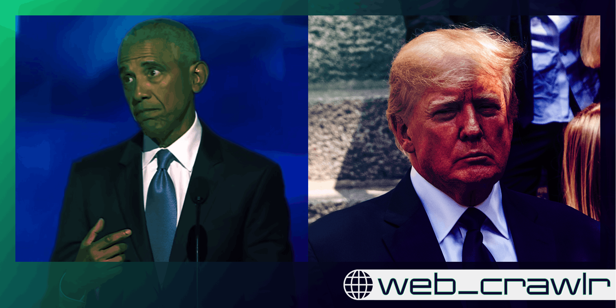 Former President Barack Obama and former President Donald Trump. The logo of the Daily Dot newsletter web_crawlr is in the lower right corner.