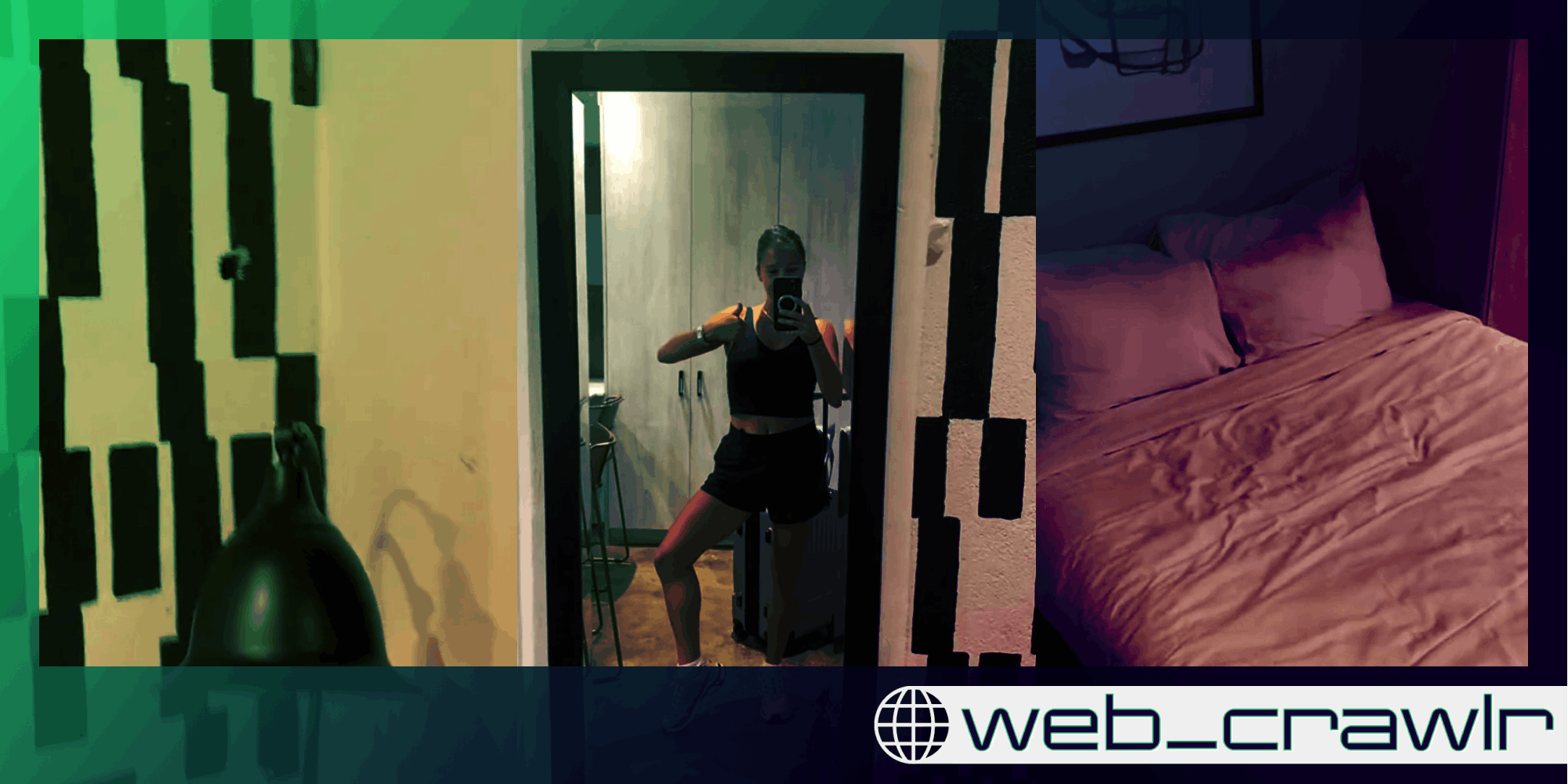 A hole in a wall (L), a woman posing in the mirror (C), and a bed (R). The Daily Dot newsletter web_crawlr logo is in the bottom right corner.