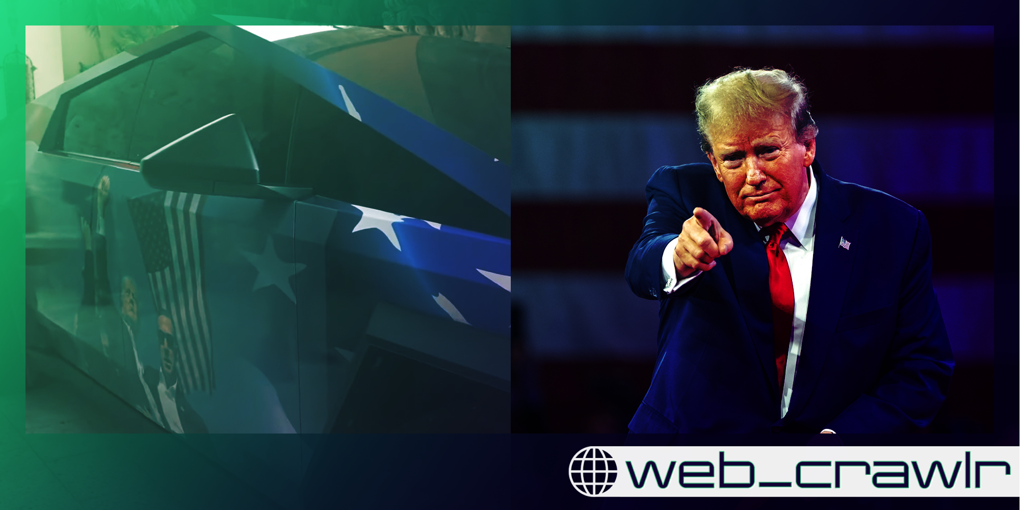 A Trump-themed Cybertruck next to Donald Trump pointing. The Daily Dot newsletter web_crawlr logo is in the bottom right corner.