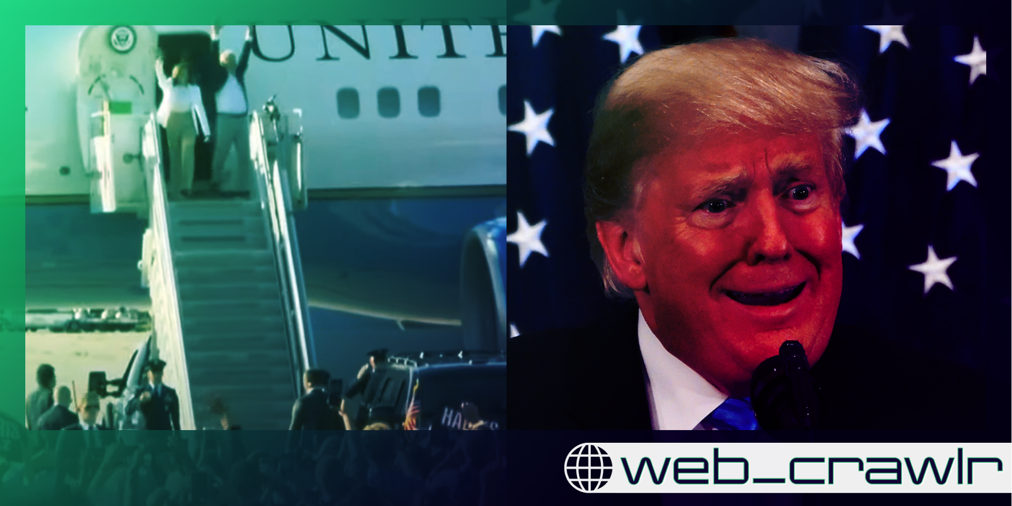 Kamala Harris and Tim Walz walking off an airplane. On the right is Donald Trump looking confused. The Daily Dot newsletter web_crawlr logo is in the bottom right corner.