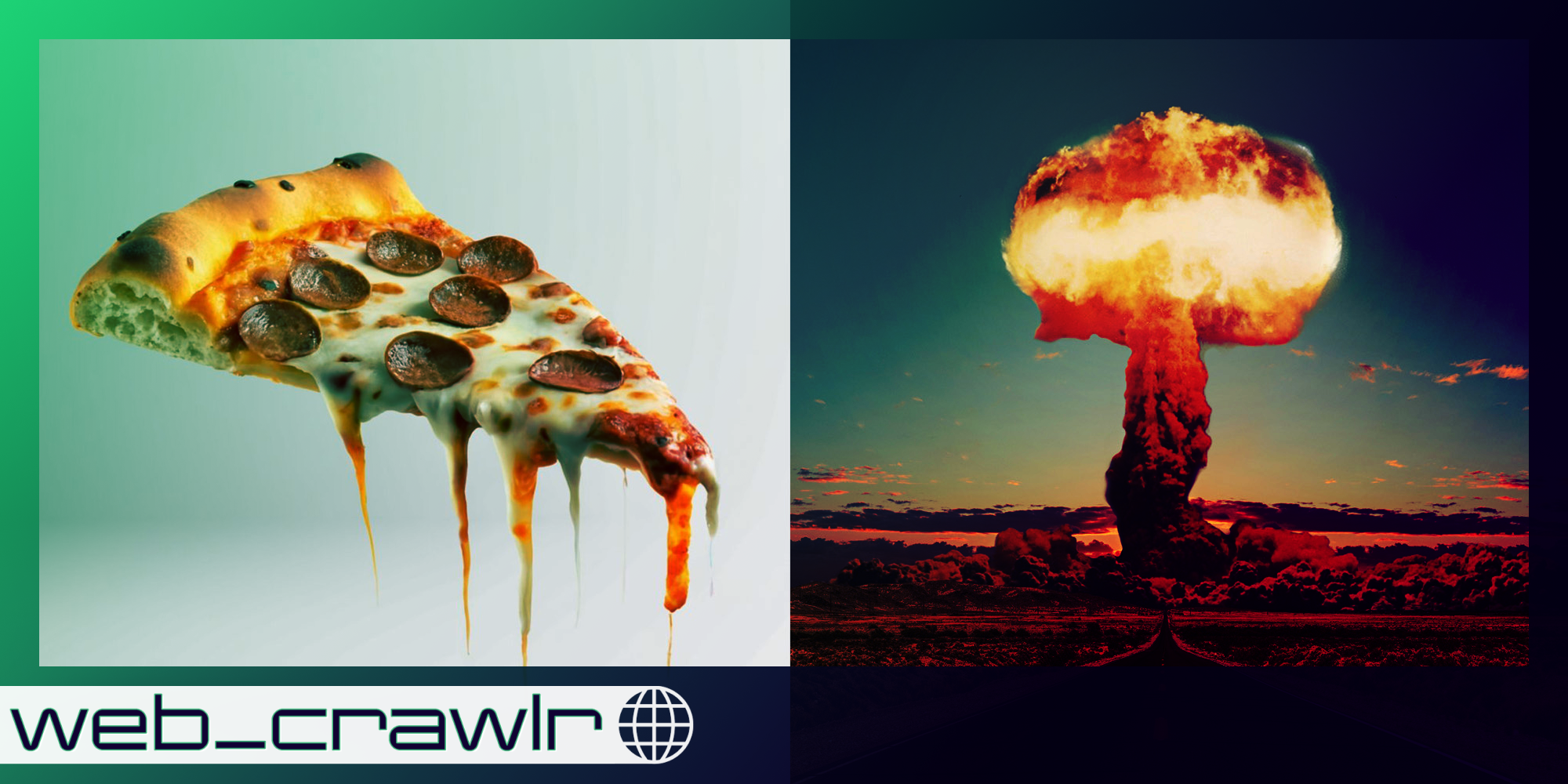 A pepperoni pizza slice next to a bomb explosion. The Daily Dot newsletter web_crawlr logo is in the bottom left corner.