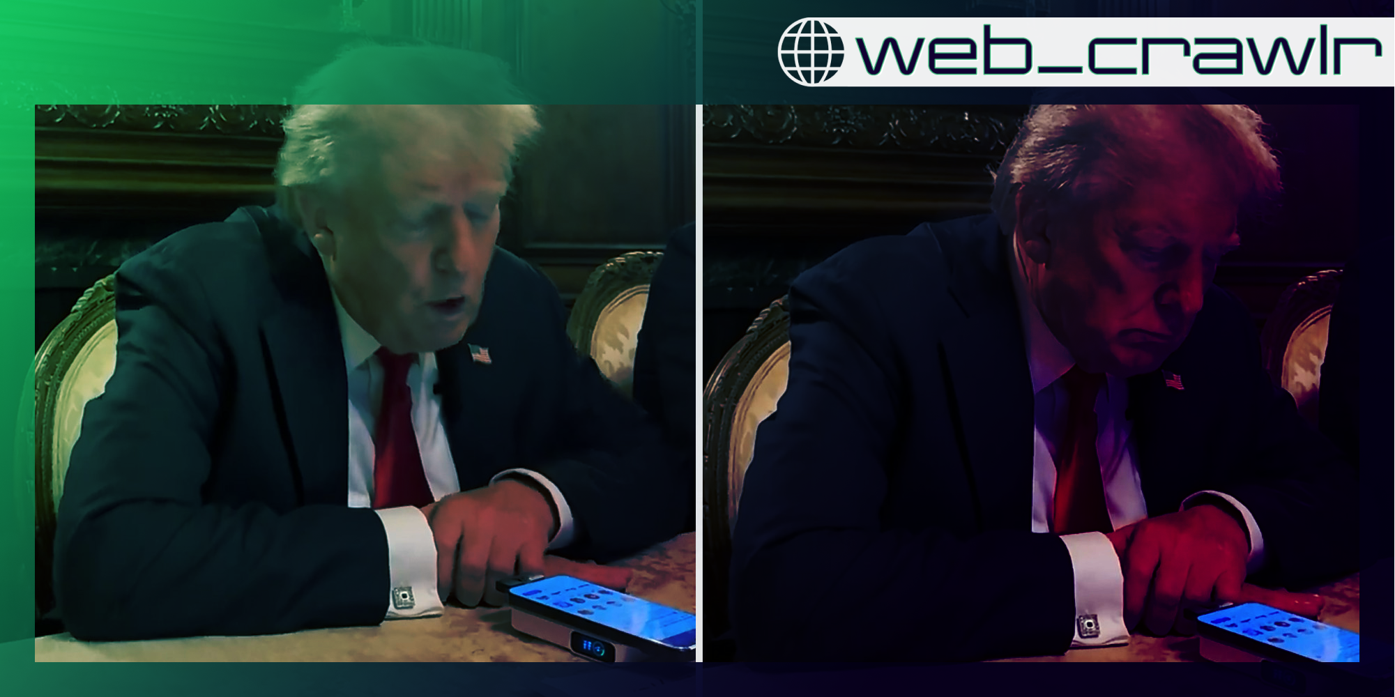 Trump looking at a phone. The Daily Dot newsletter web_crawlr logo is in the top right corner.