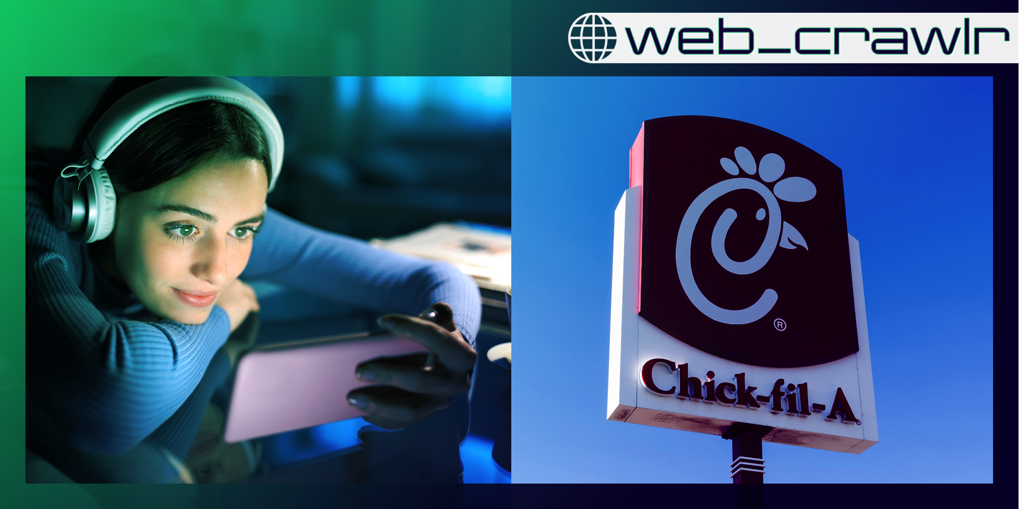 A woman wearing headphones and watching something on her phone next to a Chick-fil-A sign. The Daily Dot newsletter web_crawlr logo is in the top right corner.