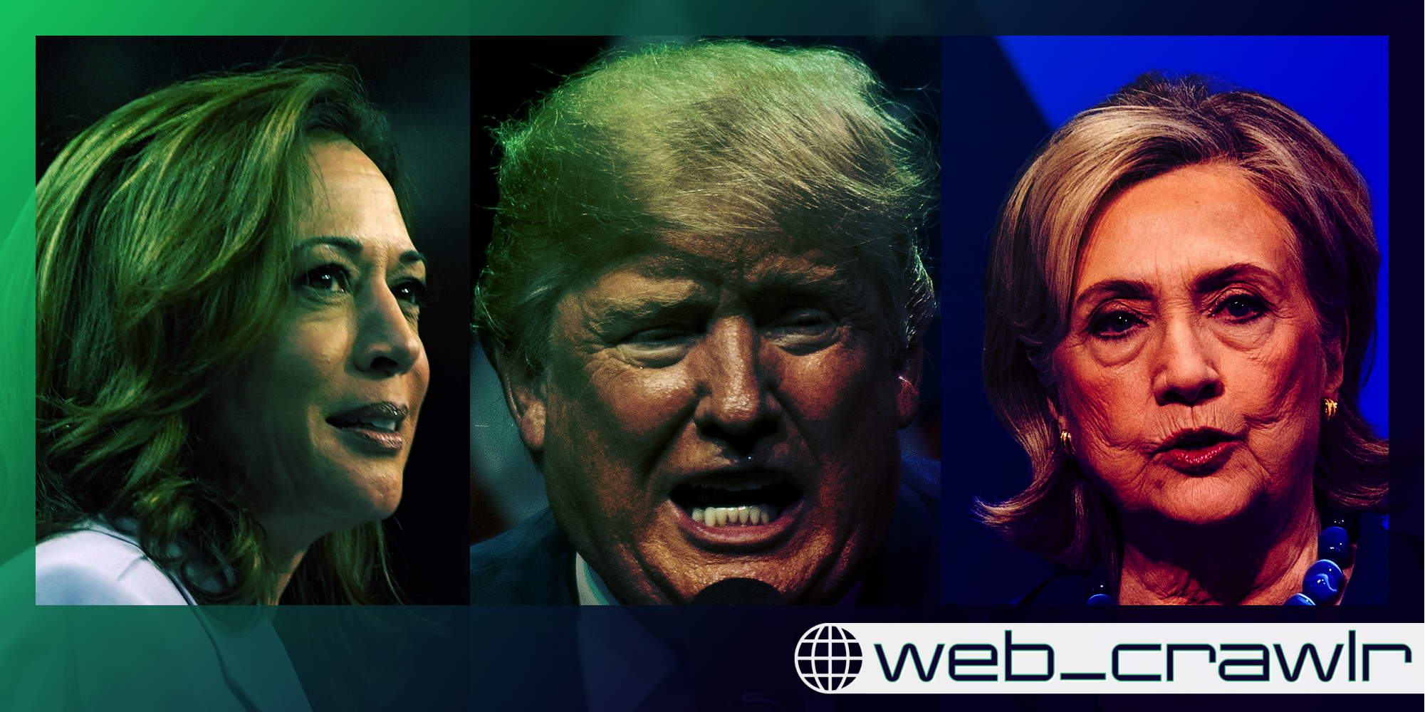 Kamala Harris, Donald Trump, and Hillary Clinton. The Daily Dot newsletter web_crawlr logo is in the bottom right corner.