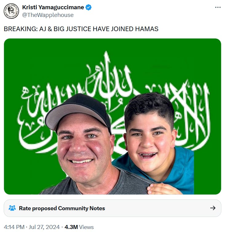 Image of A.J. and Big Justice in front of the Hamas flag.