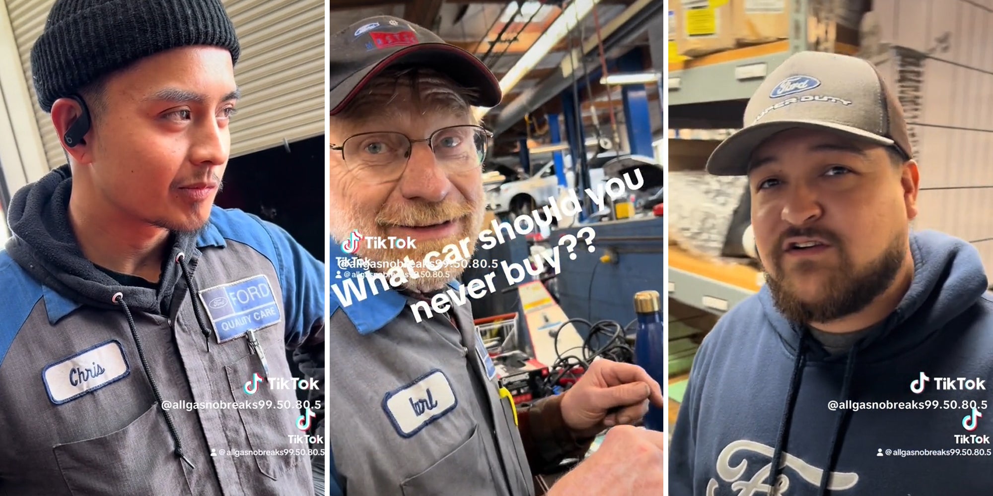 car mechanic (l) car mechanic with caption 'What car should you never buy??' (c) man in hoody and hat (r)