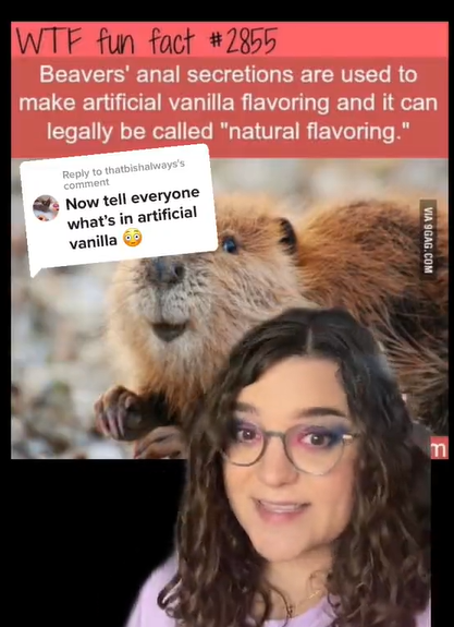 A woman in front of a green screen with a 'WTF fun fact' meme behind her. Text on the meme talks about artificial vanilla flavoring being made from beavers' anal secretions.