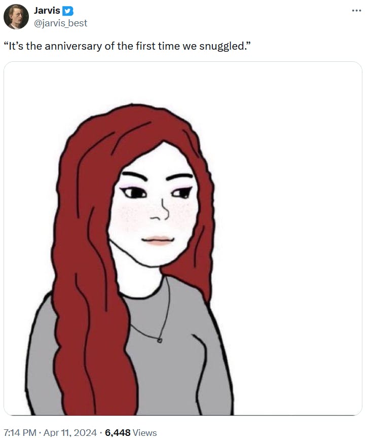 Wifejak meme about snuggling anniversaries.