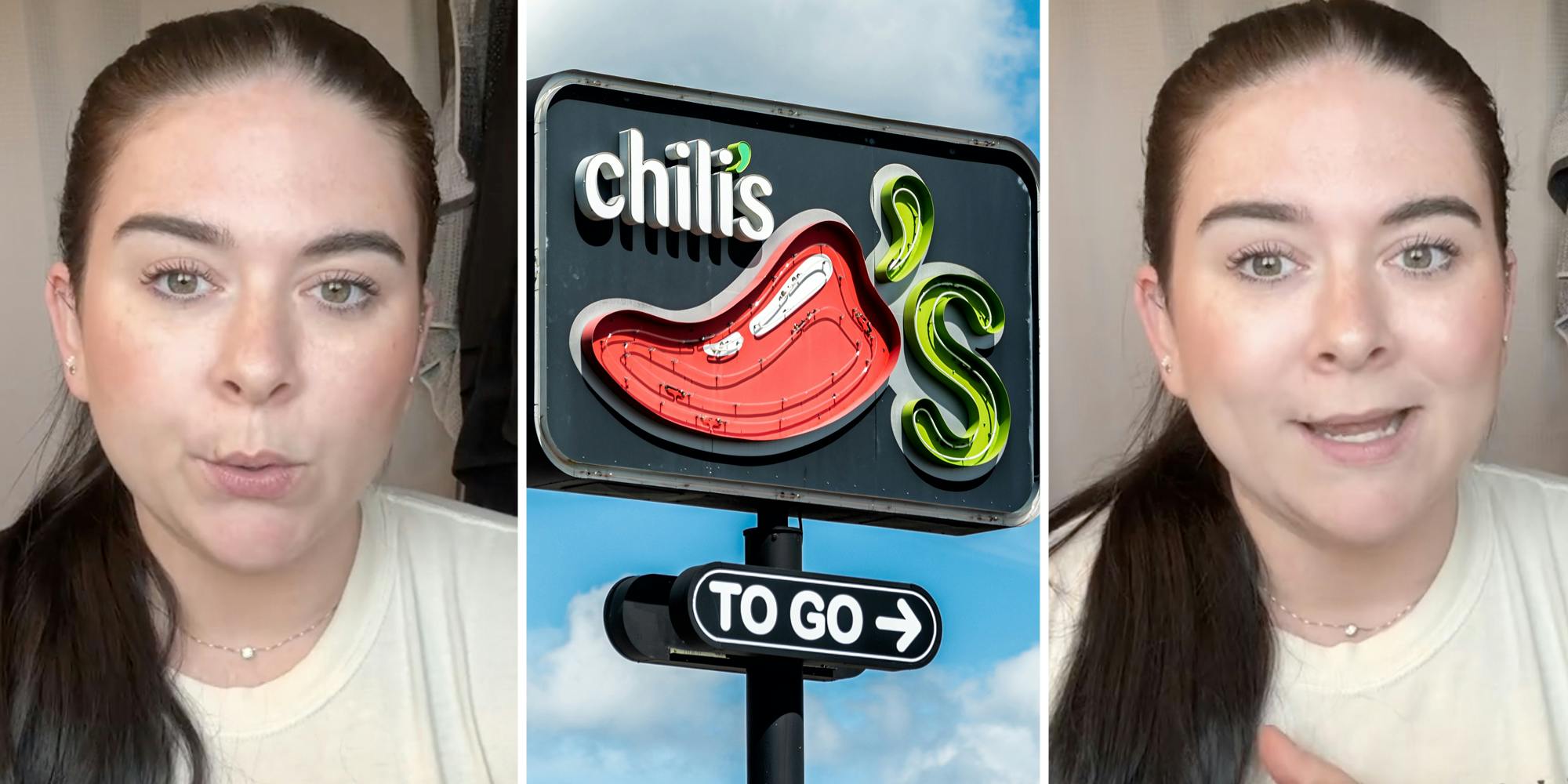 Woman talking(l+r), Chili's sign(c)