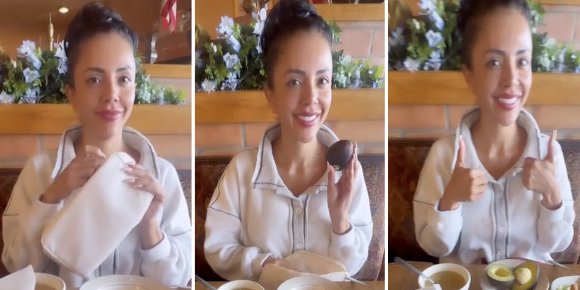Woman with napkin(l), Woman with avocado(c), Woman giving thumbs up(r)