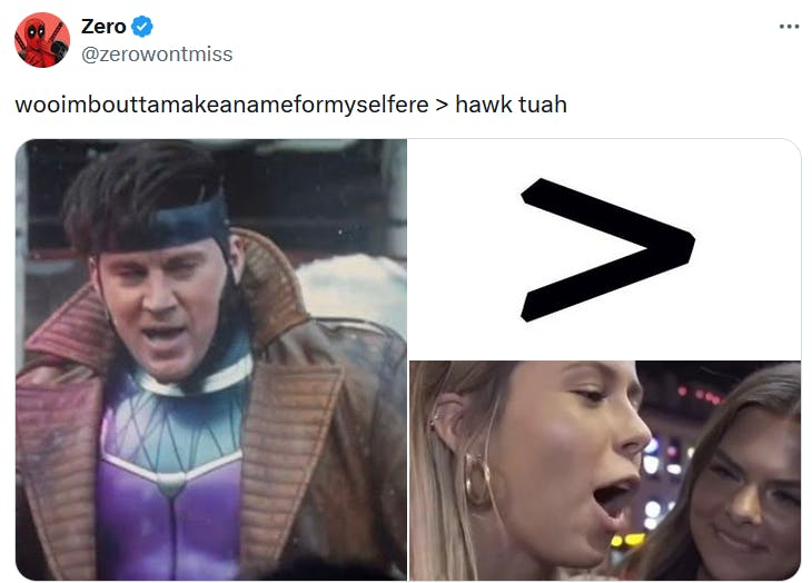 Wooimbouttamakeanameformyselfere meme comparing it to the hawk tuah meme.