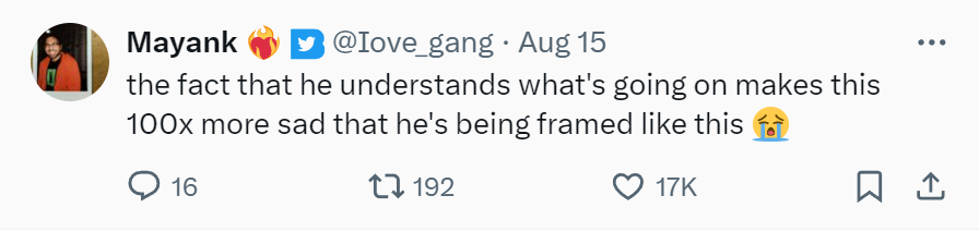 Tweet that reads, 'the fact that he understands what's going on makes this 100x more sad that he's being framed like this (crying emoji)'