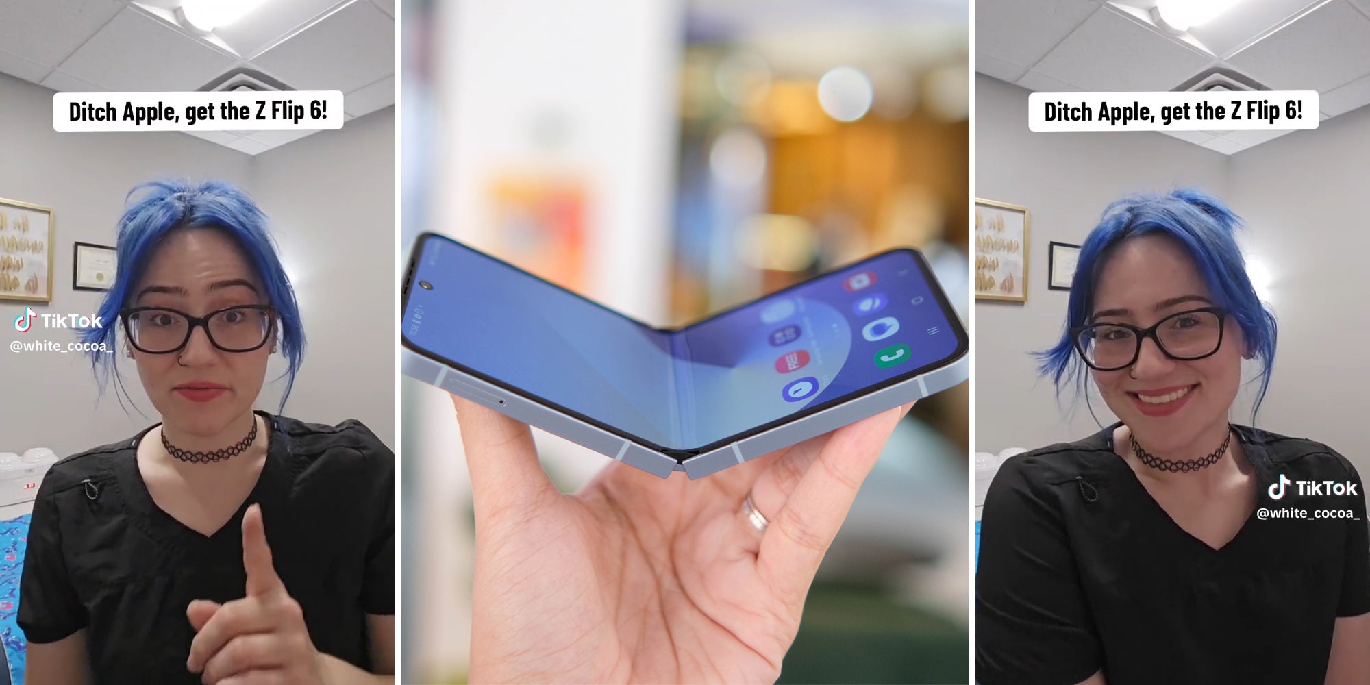 young woman with caption 'ditch Apple, get the Z flip 6' (l&r) hand holding folded phone (c)