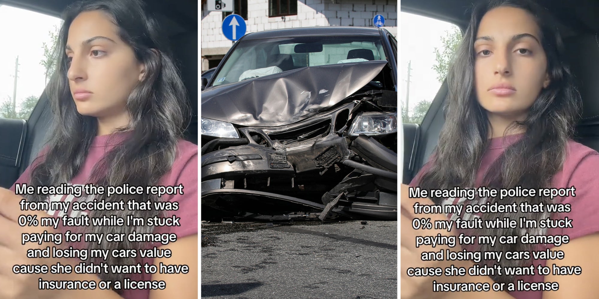 Woman looking at report(l+r), Car accident(C)