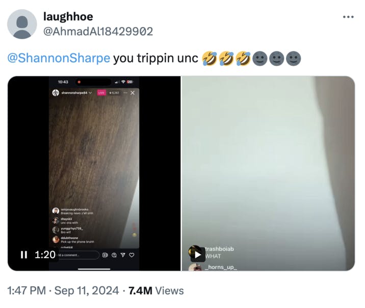 Shannon Sharpe IG live initial repost on X by @ahmadal19429902