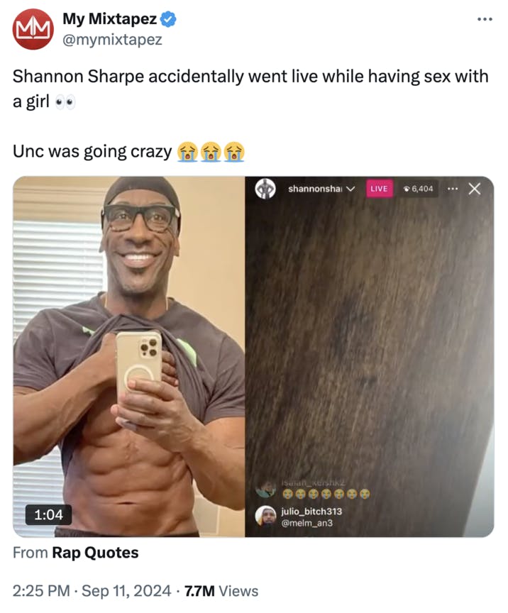 Shannon Sharpe IG live UNC going crazy post on X.