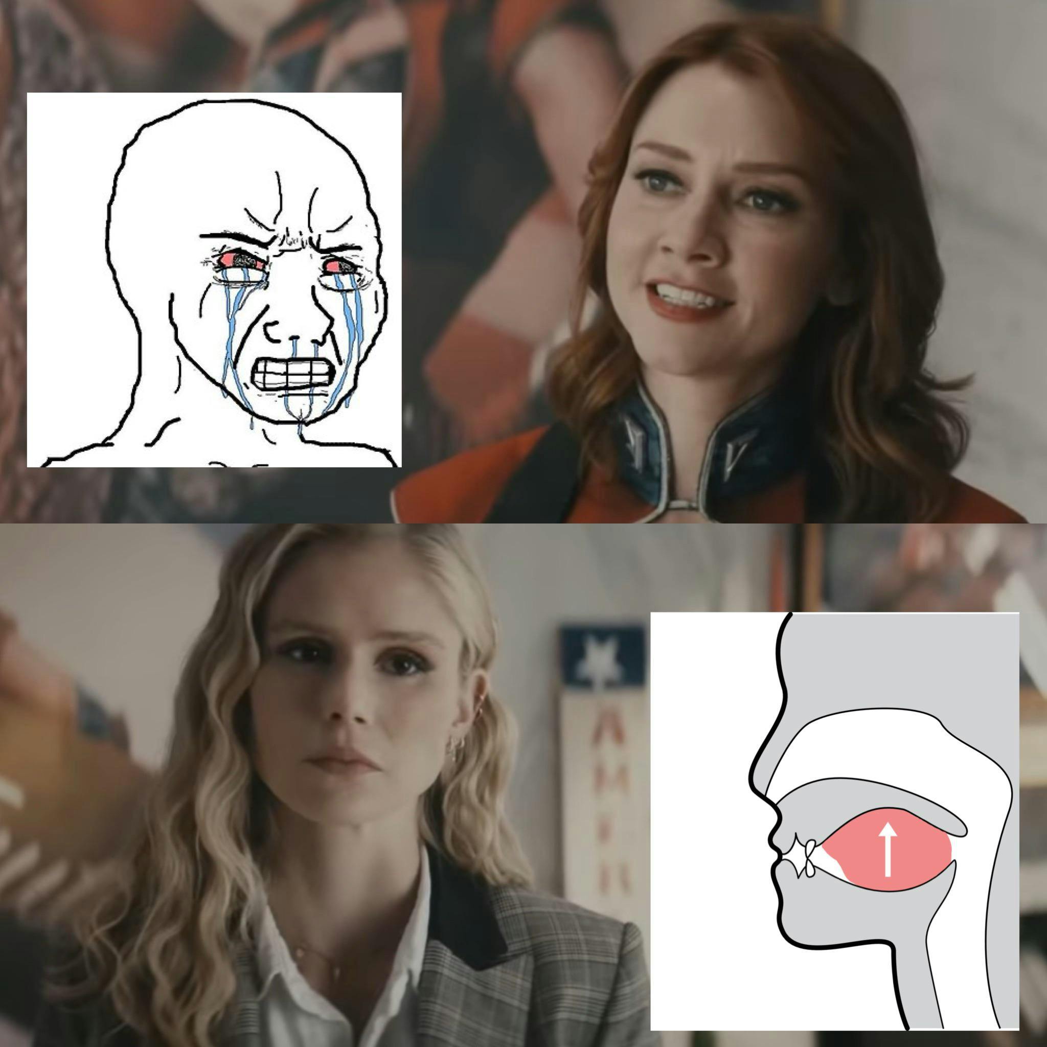 Starlight mogging meme featuring Erin Moriarty and Valorie Curry