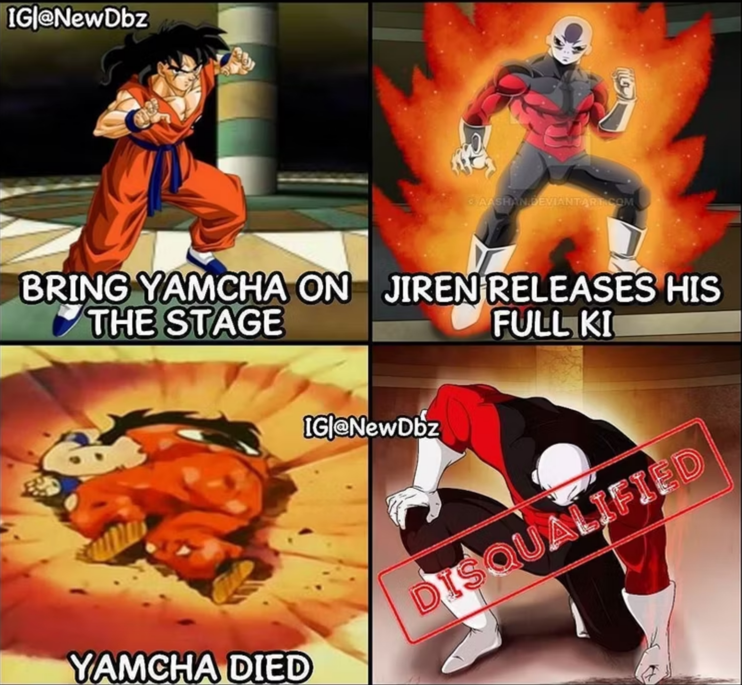 Yamcha death pose meme featuring Jiren