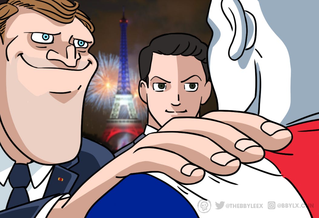 Akakichi no eleven redraw meme Emmanuel Macron variation