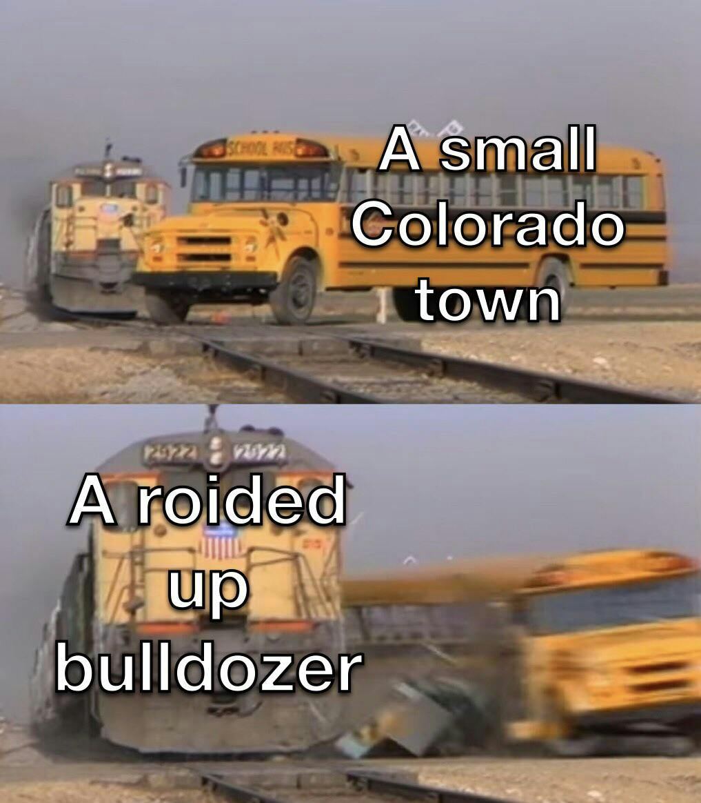 Killdozer train smashing into a bus meme