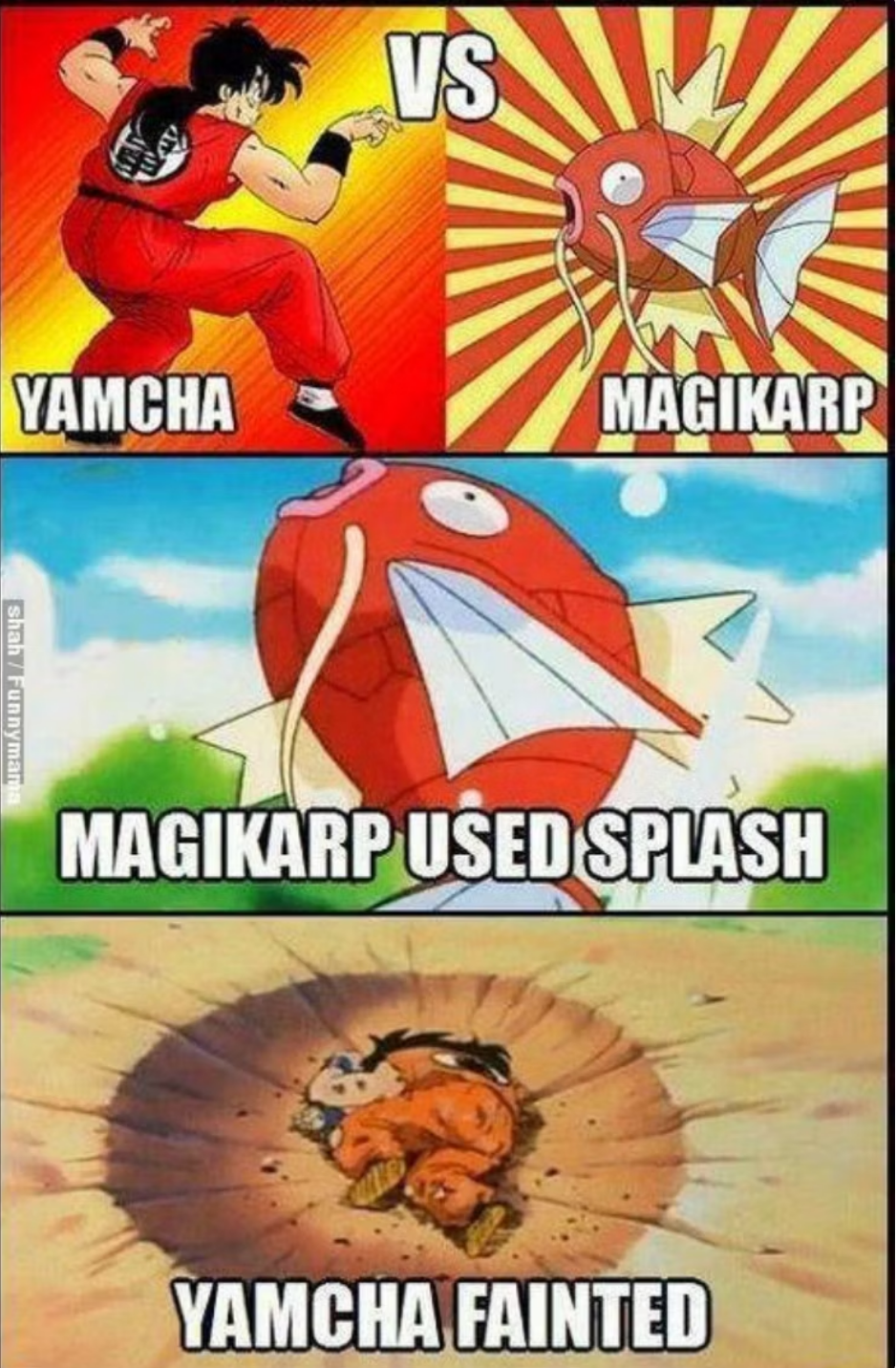 Yamcha death pose meme featuring magikarp