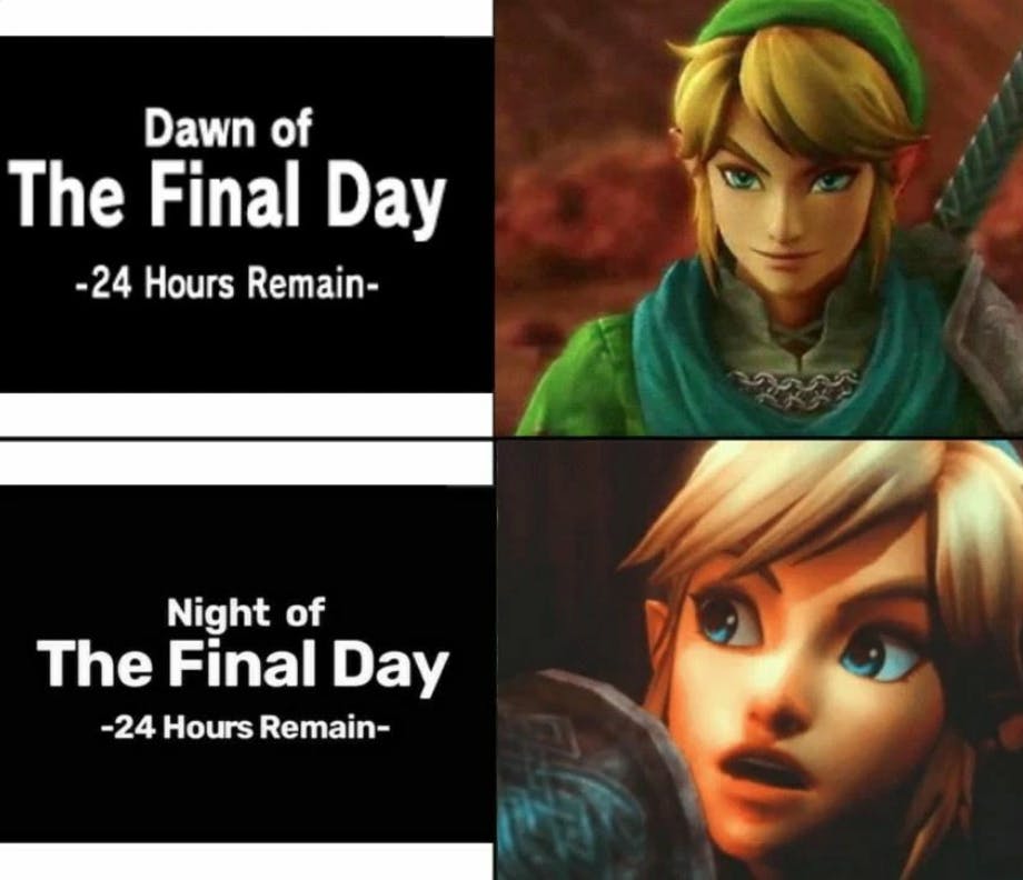 Dawn of the final day meme featuring the night of the final day and Link