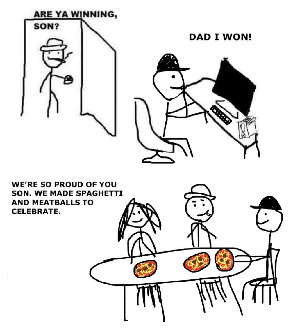 Are ya winning, son? meme variation in which the son wins and they all celebrate