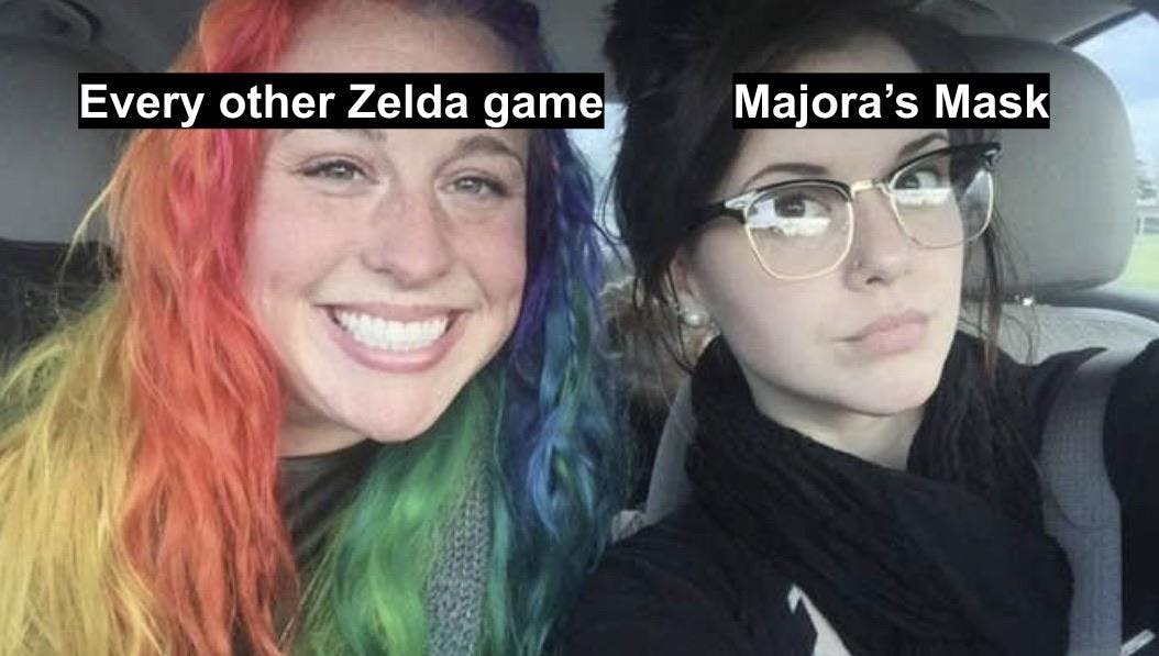 Dawn of the final day meme two women comparison of Majora's Mask to every other Zelda game