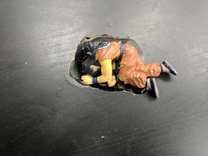 Yamcha death pose meme live action figure in wood