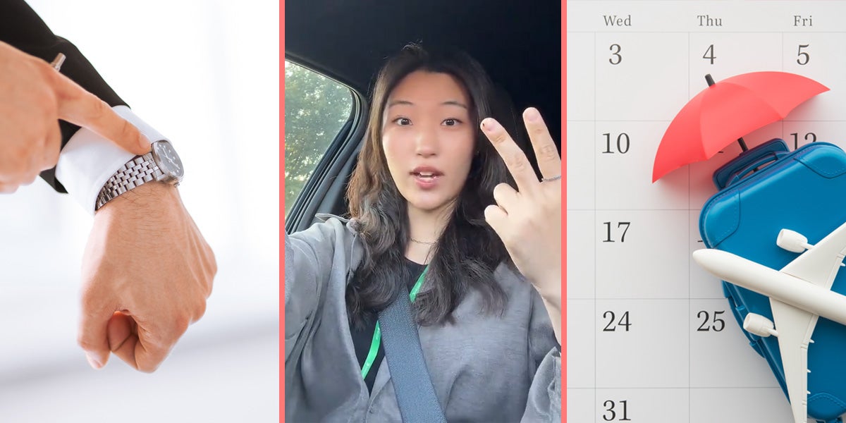 boss pointing to watch (l) woman speaking (c) calendar (r)