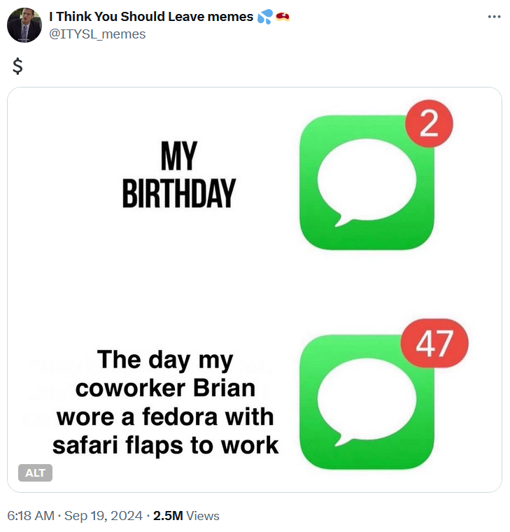 2 vs. 47 iMessage meme about coworkers who wear weird hats.