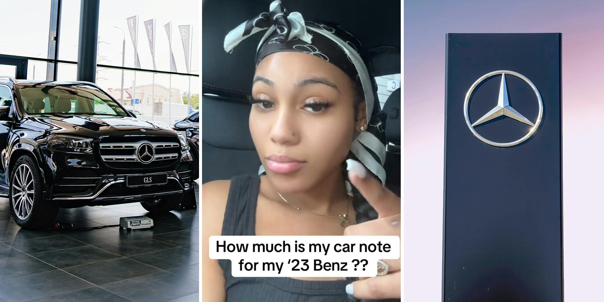 Black Mercedes Benz inside dealership(l) Woman with text overlay"How much is my car note for my '23 benz?" (c) Mercedes Dealer Sign(r)