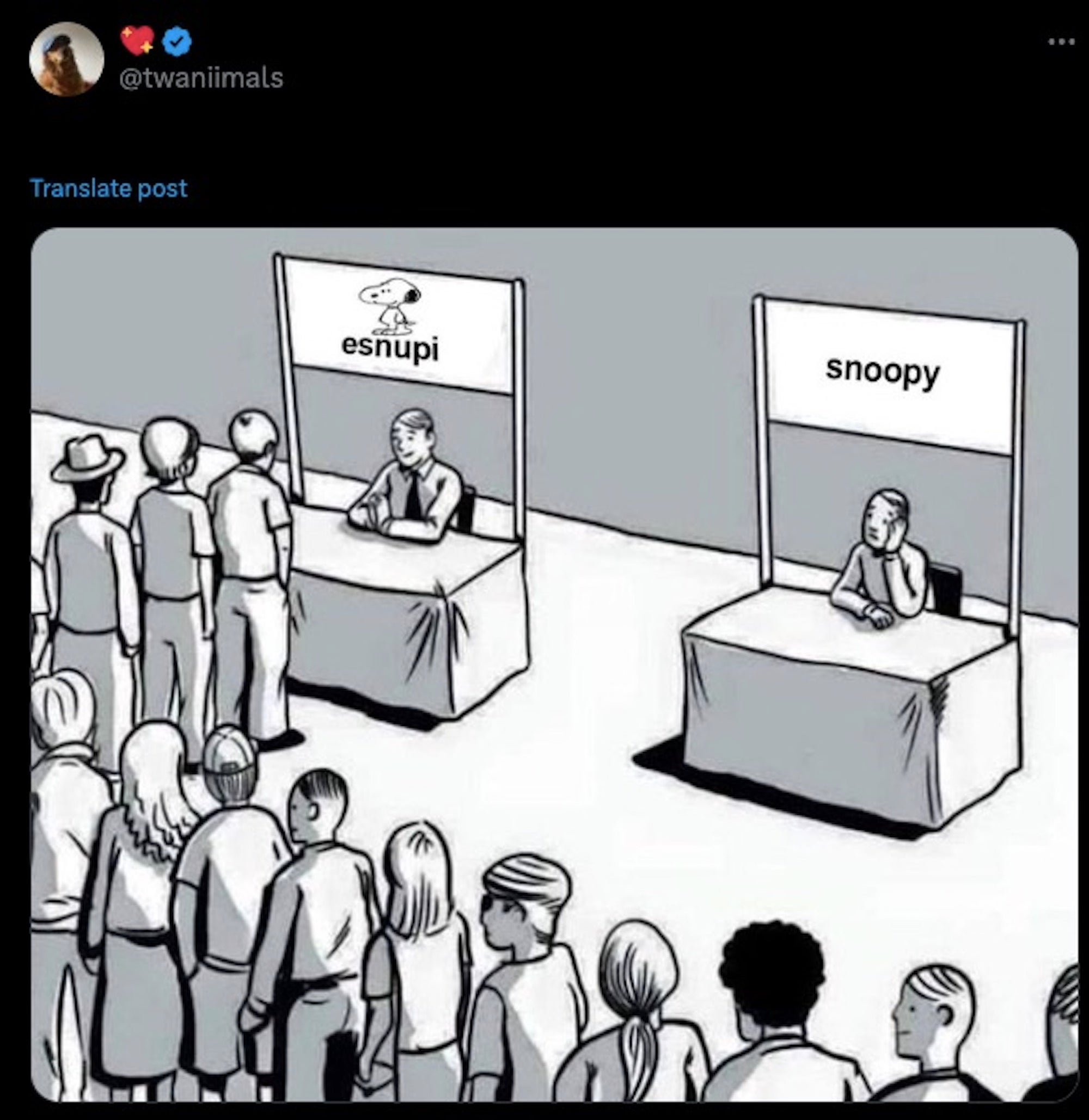 Esnupi meme about him being more popular than Snoopy