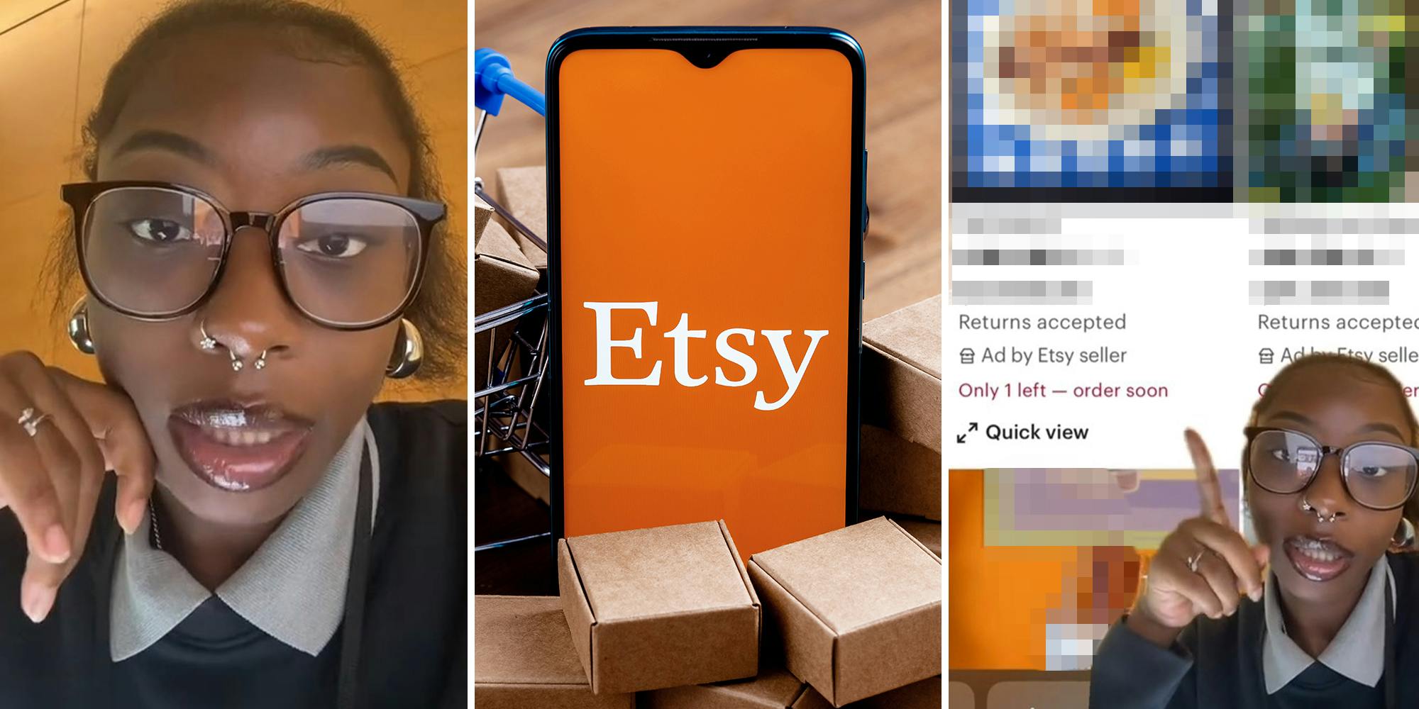 Woman wearing Glasses(l) Etsy logo on phone surrounded by boxes(c) Woman Pointing at screenshot(r)