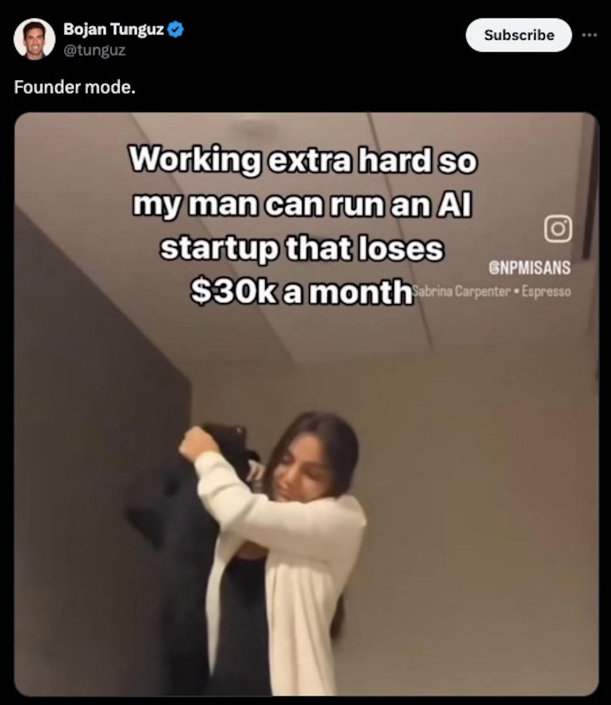 Founder mode meme about a woman working to support loser man