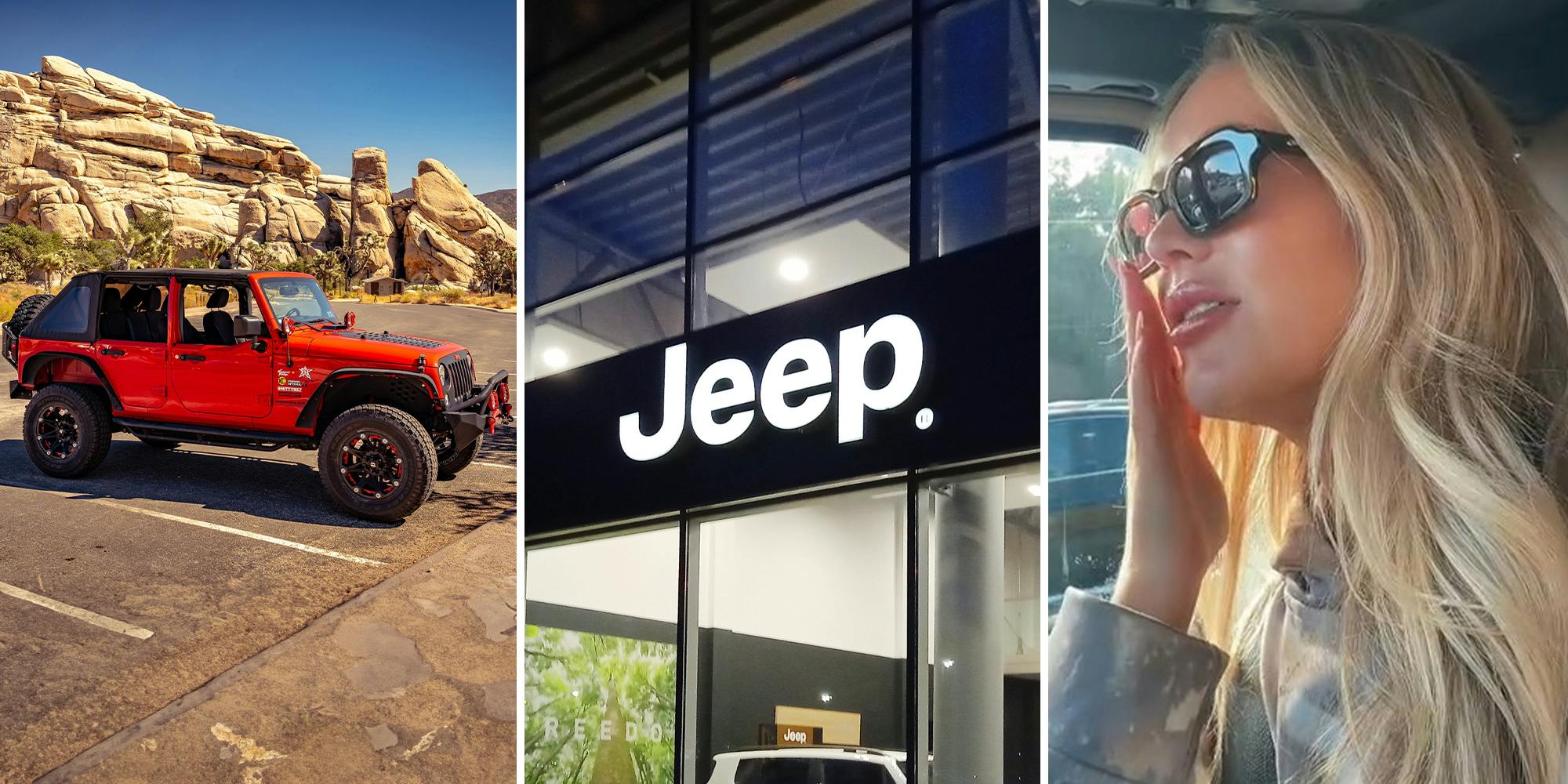 Jeep Wrangler(l) Jeep Dealer Sign (c) Woman pushing up sunglasses(r)