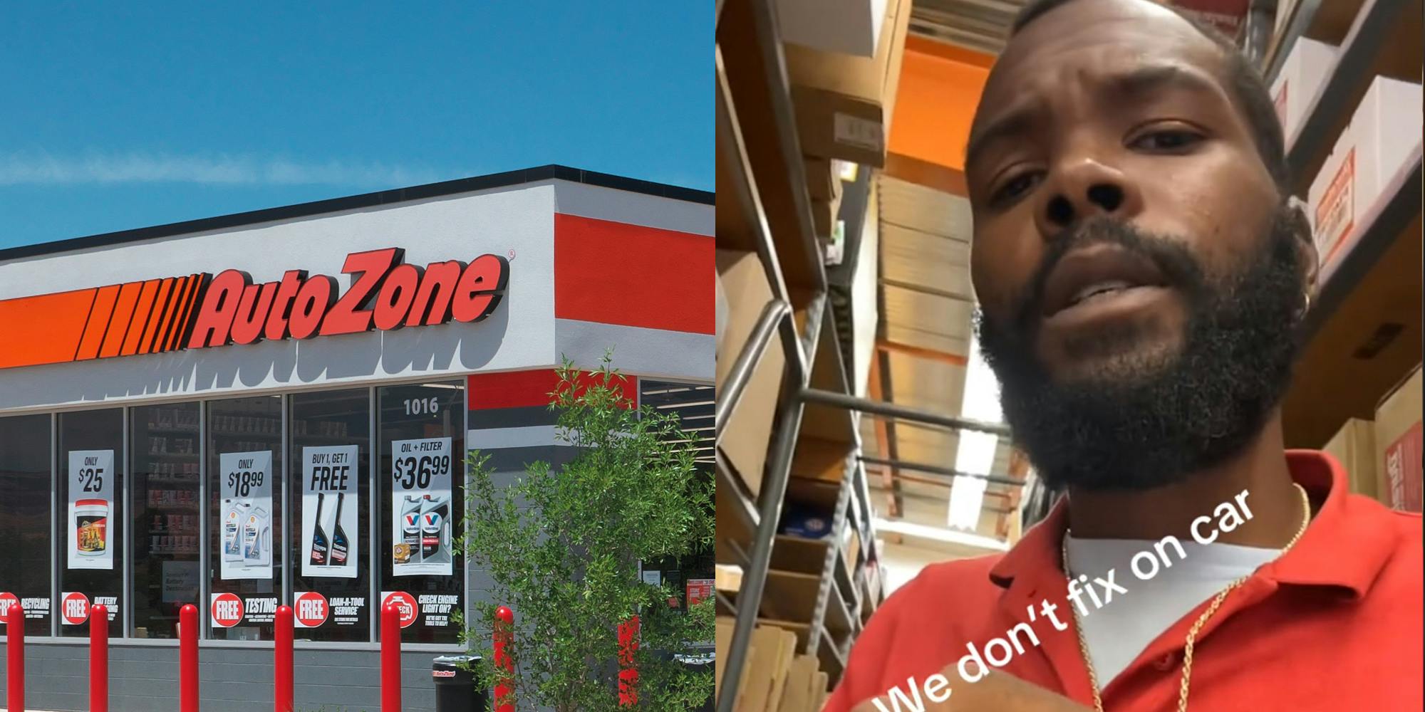 An AutoZone next to an AutoZone worker looking at the camera. There is text in front of the person that says 'we don't fix on car.'