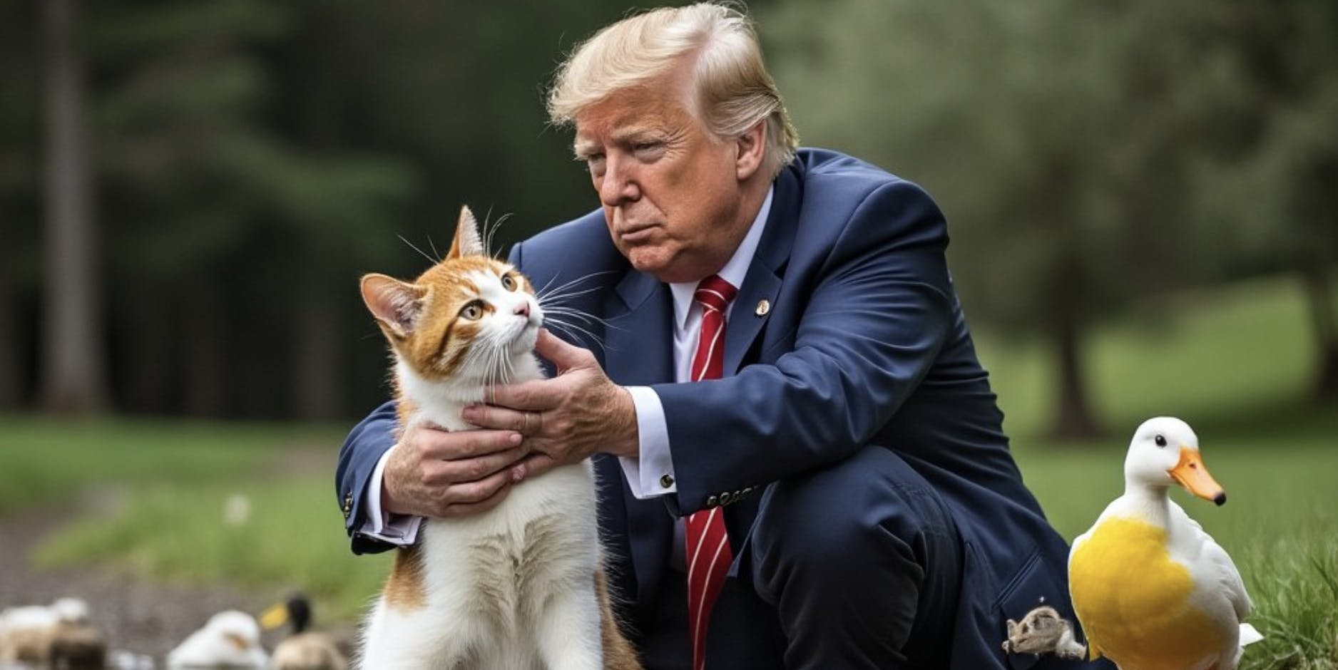 ducks for trump, ai image of trump saving duck, cat