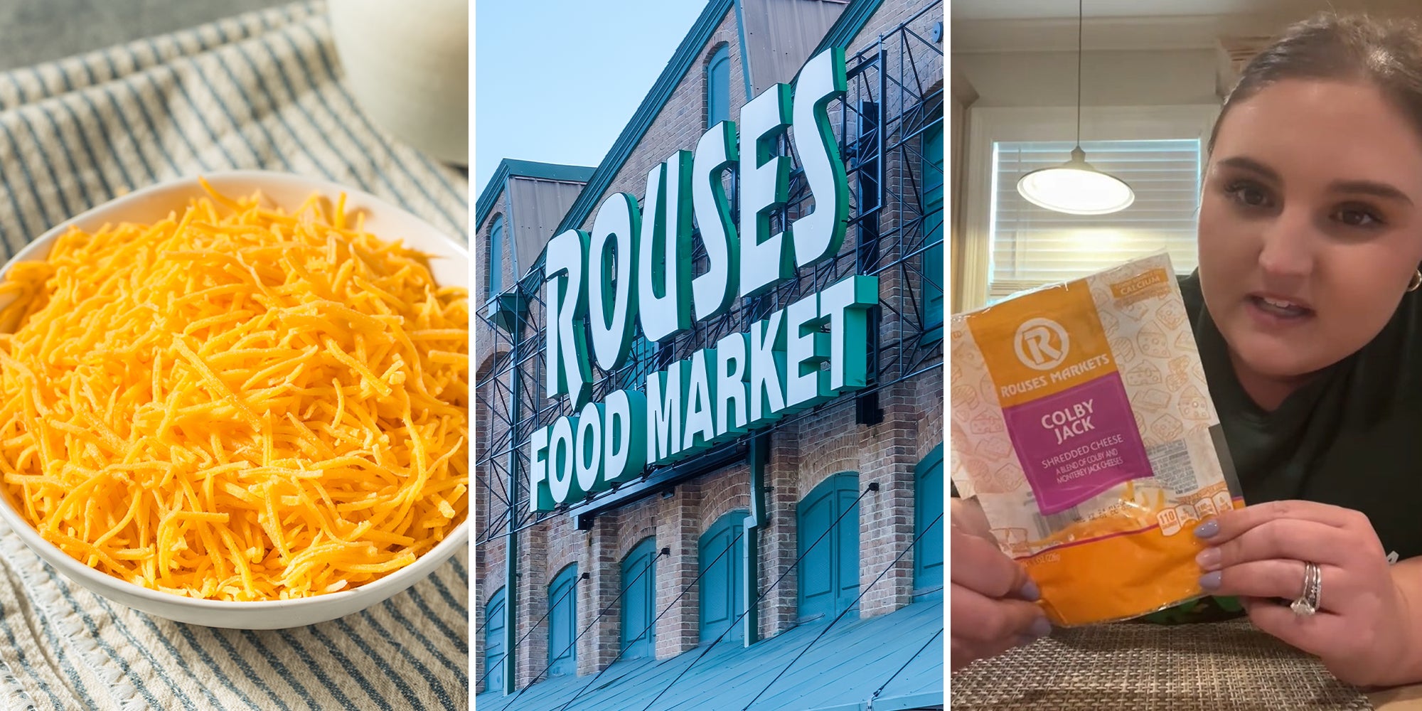 Woman buys packaged shredded cheese from the grocery store. Then she reads the fine print