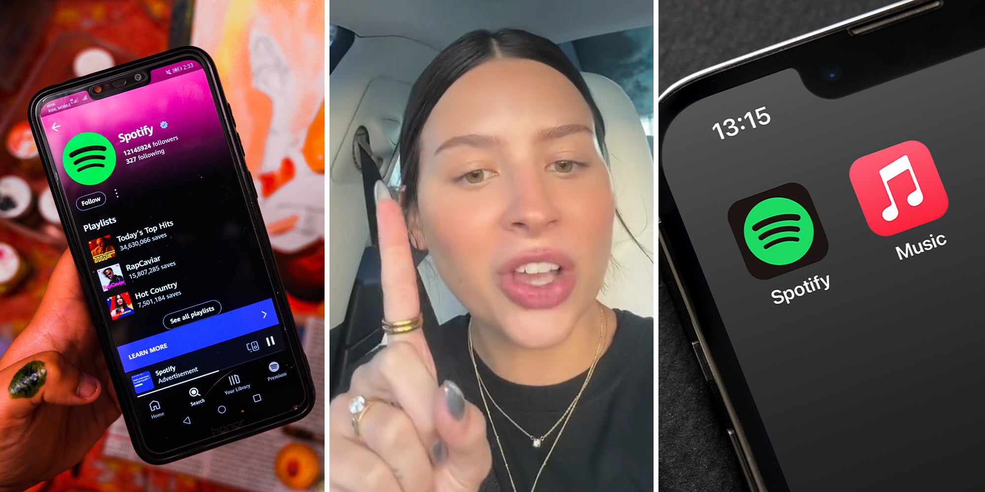 artist holding up phone with spotify playlist(l) Woman holding up finger(c) iphone showing spotify and apple music app (r)
