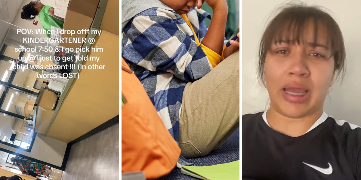 school staff with caption 'When I drop offf my KINDERGARTENER @ school 7:50 & I go to pick him up @1 just to get told my child was absent!!! (In other words LOST)' (l) kid at school (c) woman speaking (r)