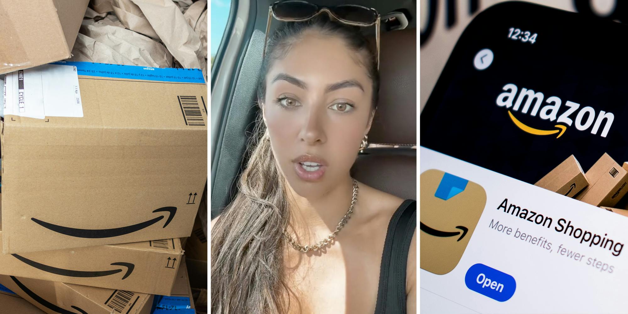 Opened amazon boxes(l), Woman talking(c), Amazon shopping app on phone(r)