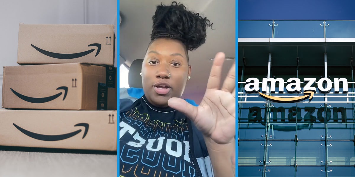 Amazon packages (l) Amazon worker speaking (c) Amazon (r)